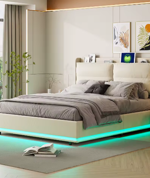 Beige Gestoffeerd Tweepersoons Opbergbed 140x200cm – LED en USB Poort