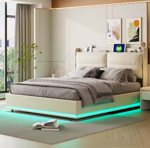 Beige Gestoffeerd Tweepersoons Opbergbed 140x200cm – LED en USB Poort