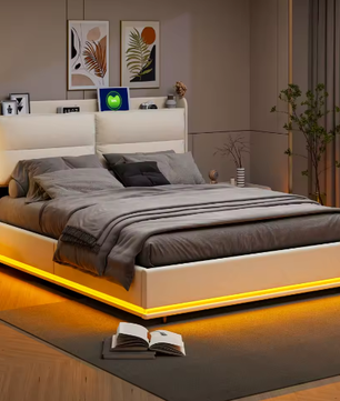 Beige Gestoffeerd Tweepersoons Opbergbed 140x200cm – LED en USB Poort