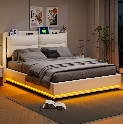 Beige Gestoffeerd Tweepersoons Opbergbed 140x200cm – LED en USB Poort