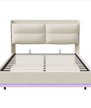 Beige Gestoffeerd Tweepersoons Opbergbed 140x200cm – LED en USB Poort
