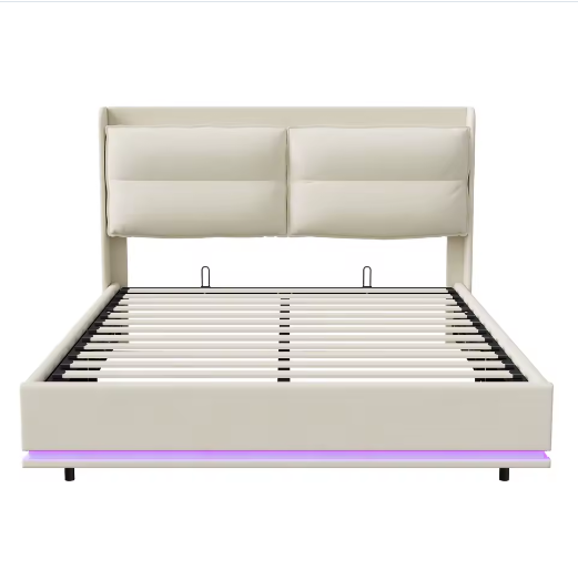 Beige Gestoffeerd Tweepersoons Opbergbed 140x200cm – LED en USB Poort