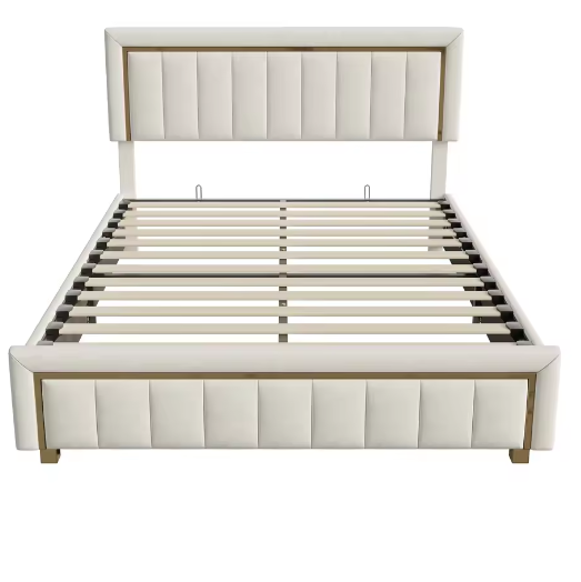 Gestoffeerd Tweepersoonsbed 160x200 cm – Luxe Opbergbed met Fluweel en Gouden Accenten