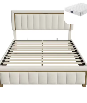 Gestoffeerd Tweepersoonsbed 160x200 cm – Luxe Opbergbed met Fluweel en Gouden Accenten