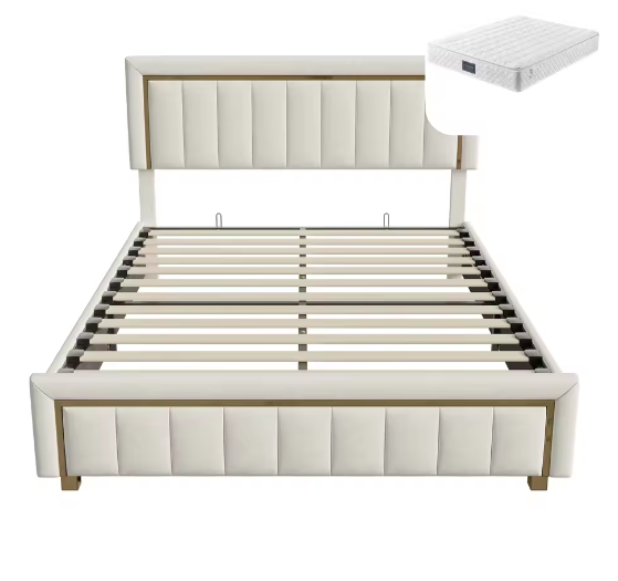 Gestoffeerd Tweepersoonsbed 160x200 cm – Luxe Opbergbed met Fluweel en Gouden Accenten