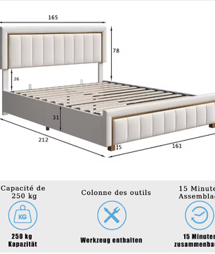 Gestoffeerd Tweepersoonsbed 160x200 cm – Luxe Opbergbed met Fluweel en Gouden Accenten