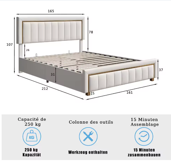 Gestoffeerd Tweepersoonsbed 160x200 cm – Luxe Opbergbed met Fluweel en Gouden Accenten