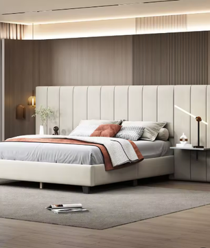 Gestoffeerd Tweepersoonsbed 160x200 cm – Verlengd Hoofdeinde met Planken en Lattenbodem