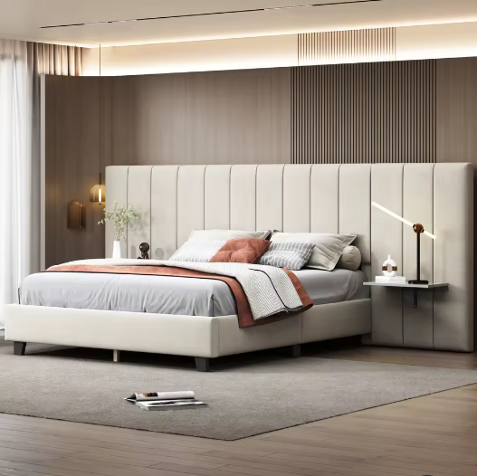Gestoffeerd Tweepersoonsbed 160x200 cm – Verlengd Hoofdeinde met Planken en Lattenbodem