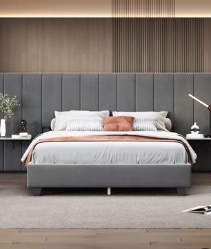 Gestoffeerd Tweepersoonsbed 160x200 cm – Verlengd Hoofdeinde met Planken en Lattenbodem