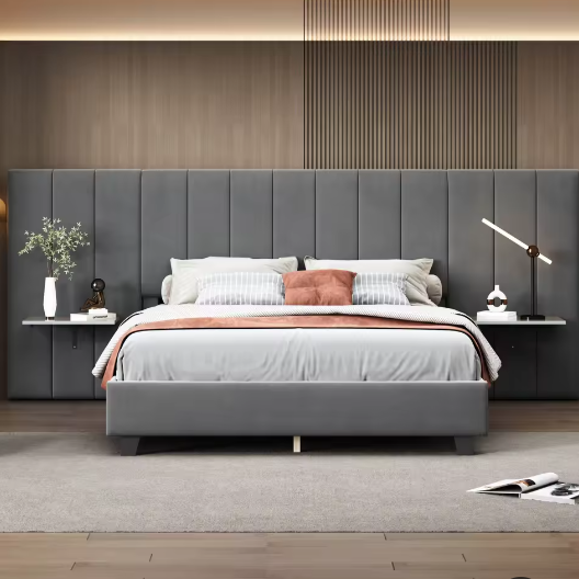 Gestoffeerd Tweepersoonsbed 160x200 cm – Verlengd Hoofdeinde met Planken en Lattenbodem