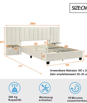 Gestoffeerd Tweepersoonsbed 160x200 cm – Verlengd Hoofdeinde met Planken en Lattenbodem