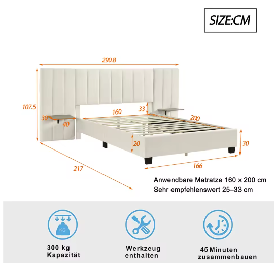 Gestoffeerd Tweepersoonsbed 160x200 cm – Verlengd Hoofdeinde met Planken en Lattenbodem
