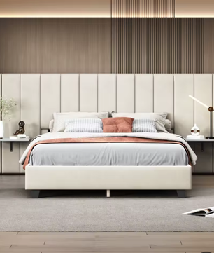 Gestoffeerd Tweepersoonsbed 160x200 cm – Verlengd Hoofdeinde met Planken en Lattenbodem