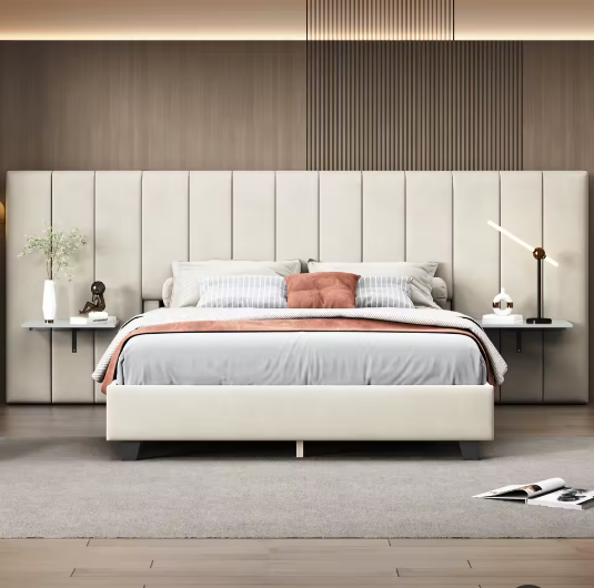 Gestoffeerd Tweepersoonsbed 160x200 cm – Verlengd Hoofdeinde met Planken en Lattenbodem