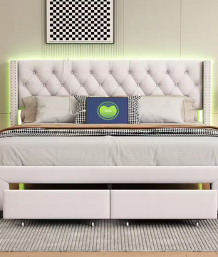Modern Tweepersoons Opbergbed met LED, USB en 2 Lades – Fluweel
