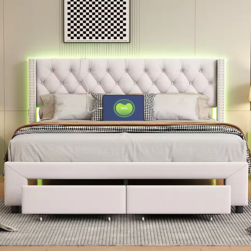 Modern Tweepersoons Opbergbed met LED, USB en 2 Lades – Fluweel