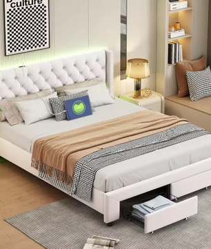 Modern Tweepersoons Opbergbed met LED, USB en 2 Lades – Fluweel