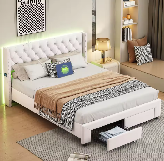 Modern Tweepersoons Opbergbed met LED, USB en 2 Lades – Fluweel