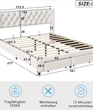 Modern Tweepersoons Opbergbed met LED, USB en 2 Lades – Fluweel