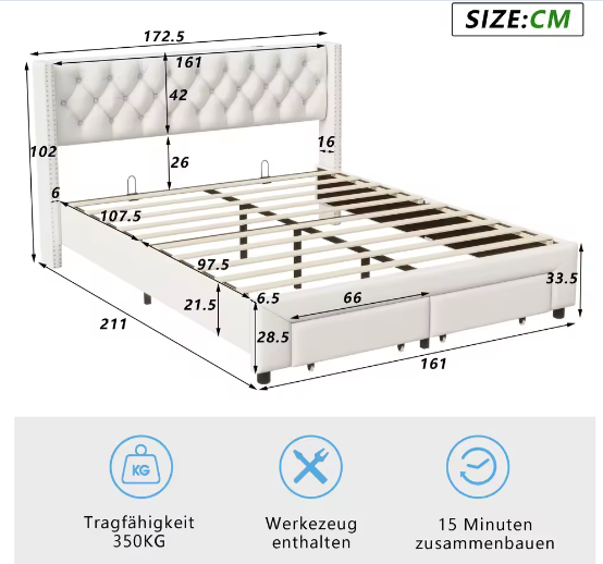 Modern Tweepersoons Opbergbed met LED, USB en 2 Lades – Fluweel