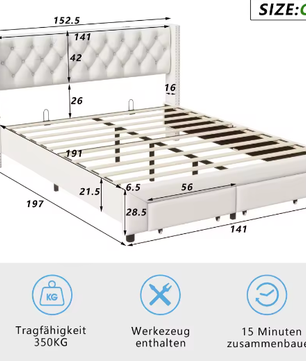 Modern Tweepersoons Opbergbed met LED, USB en 2 Lades – Fluweel
