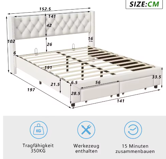 Modern Tweepersoons Opbergbed met LED, USB en 2 Lades – Fluweel
