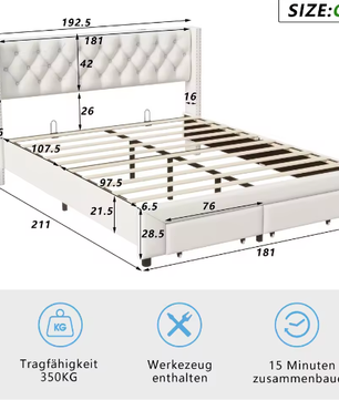 Modern Tweepersoons Opbergbed met LED, USB en 2 Lades – Fluweel