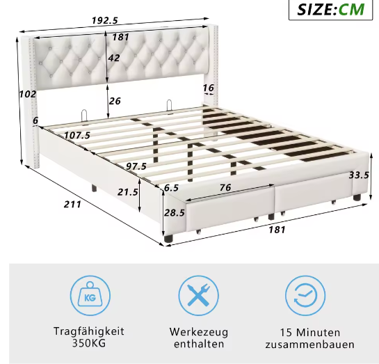 Modern Tweepersoons Opbergbed met LED, USB en 2 Lades – Fluweel