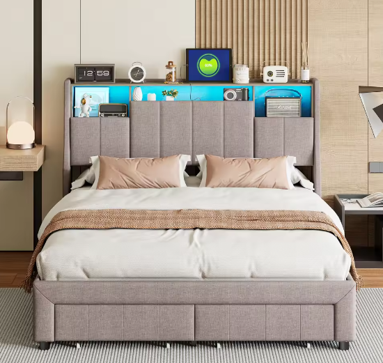 Modern Tweepersoonsbed met LED, USB, Opbergvak en Lades