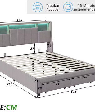 Modern Tweepersoonsbed met LED, USB, Opbergvak en Lades