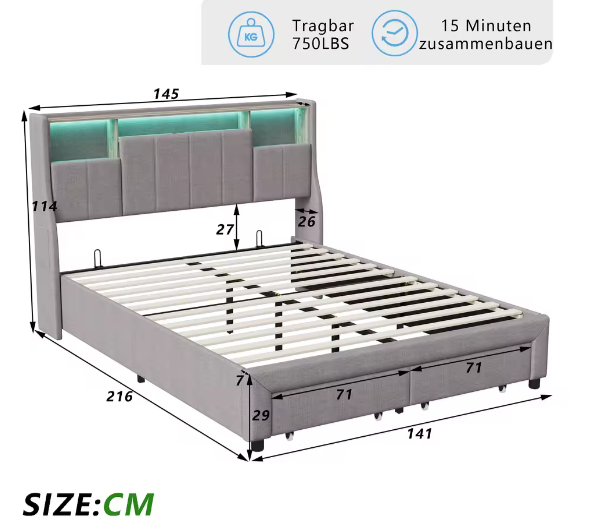Modern Tweepersoonsbed met LED, USB, Opbergvak en Lades