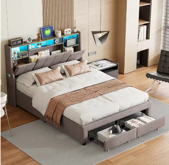 Modern Tweepersoonsbed met LED, USB, Opbergvak en Lades