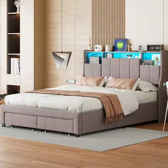Modern Tweepersoonsbed met LED, USB, Opbergvak en Lades