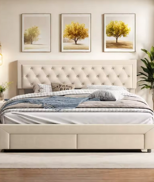 Gestoffeerd Opbergbed met Hydraulisch Systeem en Lades