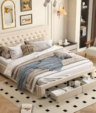 Gestoffeerd Opbergbed met Hydraulisch Systeem en Lades