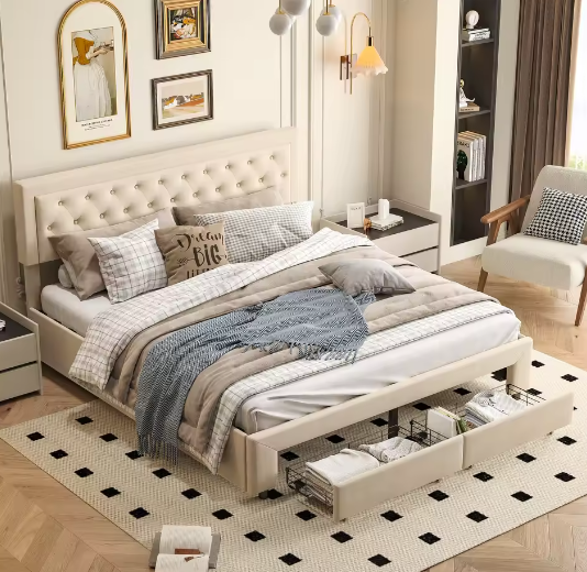 Gestoffeerd Opbergbed met Hydraulisch Systeem en Lades