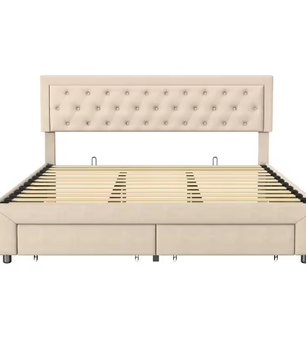 Gestoffeerd Opbergbed met Hydraulisch Systeem en Lades