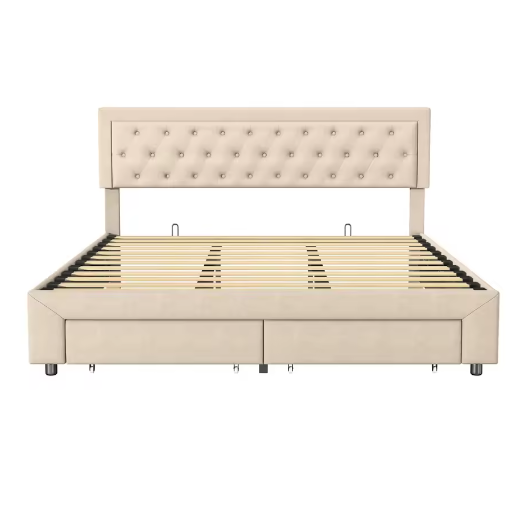 Gestoffeerd Opbergbed met Hydraulisch Systeem en Lades
