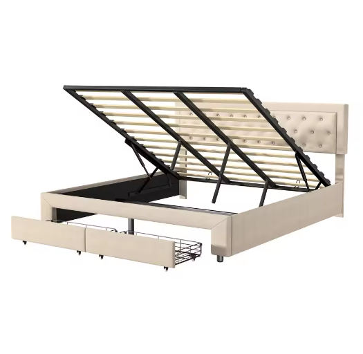Gestoffeerd Opbergbed met Hydraulisch Systeem en Lades