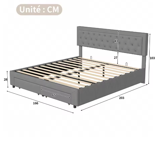 Gestoffeerd Opbergbed met Hydraulisch Systeem en Lades