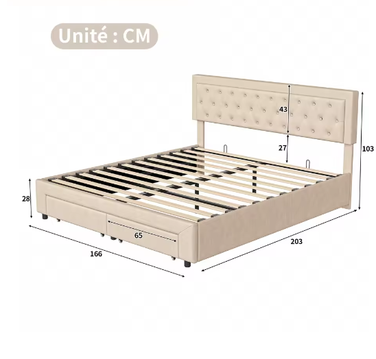 Gestoffeerd Opbergbed met Hydraulisch Systeem en Lades