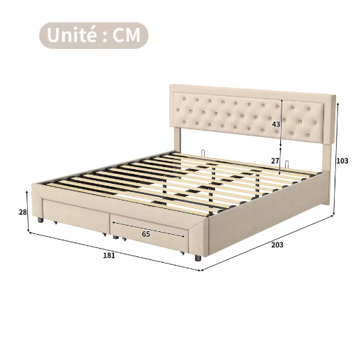 Gestoffeerd Opbergbed met Hydraulisch Systeem en Lades