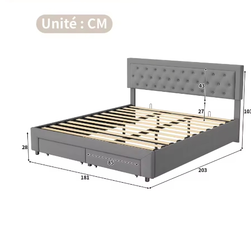 Gestoffeerd Opbergbed met Hydraulisch Systeem en Lades