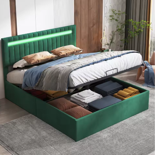 Gestoffeerd Opbergbed 160 × 200 cm met LED en Hydraulisch Frame
