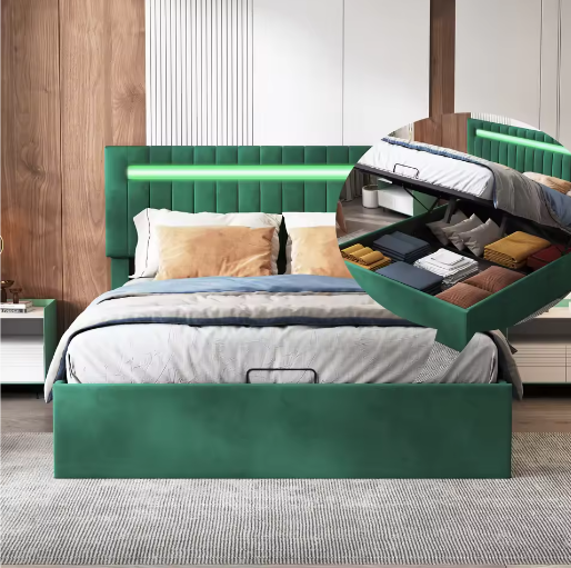 Gestoffeerd Opbergbed 160 × 200 cm met LED en Hydraulisch Frame