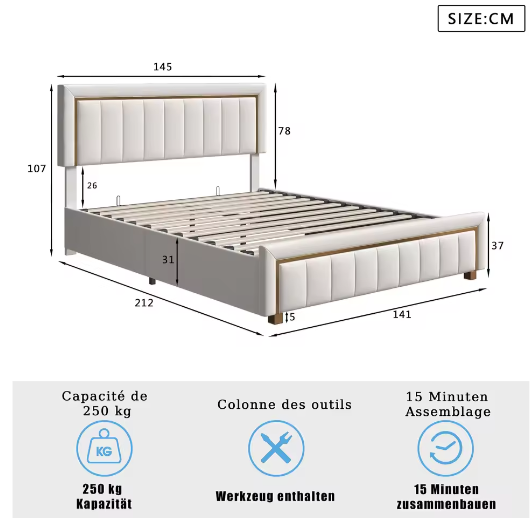 Dubbel Gestoffeerd Hydraulisch Opbergbed 140–160×200 cm