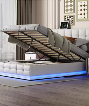Gestoffeerd Tweepersoons Opbergbed met LED en Hydraulisch Systeem 140×200 cm