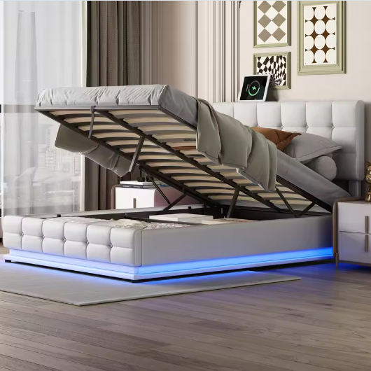 Gestoffeerd Tweepersoons Opbergbed met LED en Hydraulisch Systeem 140×200 cm