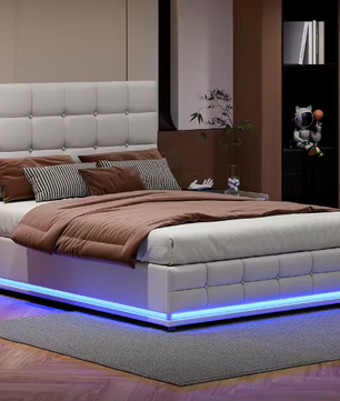 Gestoffeerd Tweepersoons Opbergbed met LED en Hydraulisch Systeem 140×200 cm